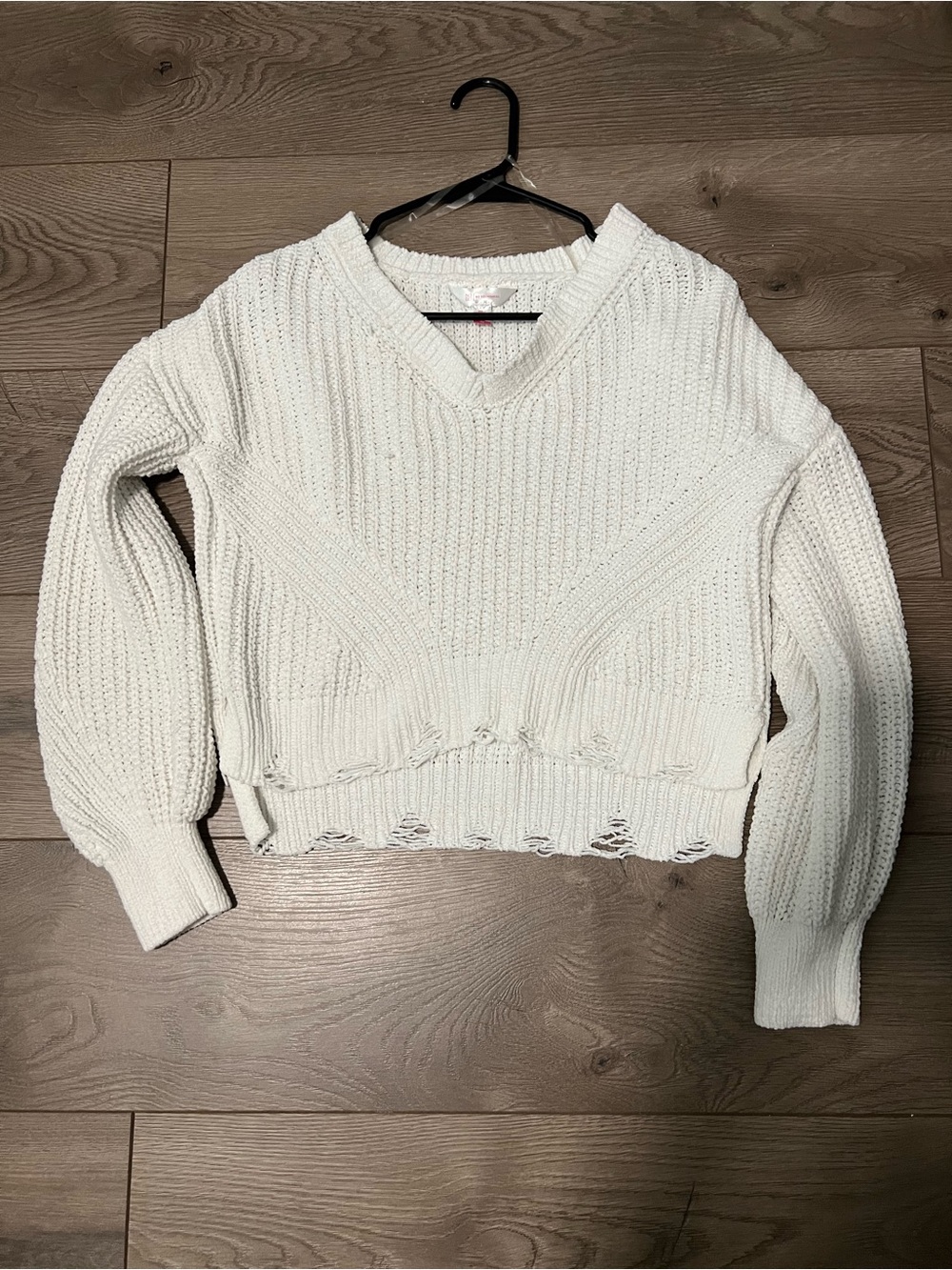 Distressed Ivory V-Neck Knit Sweater